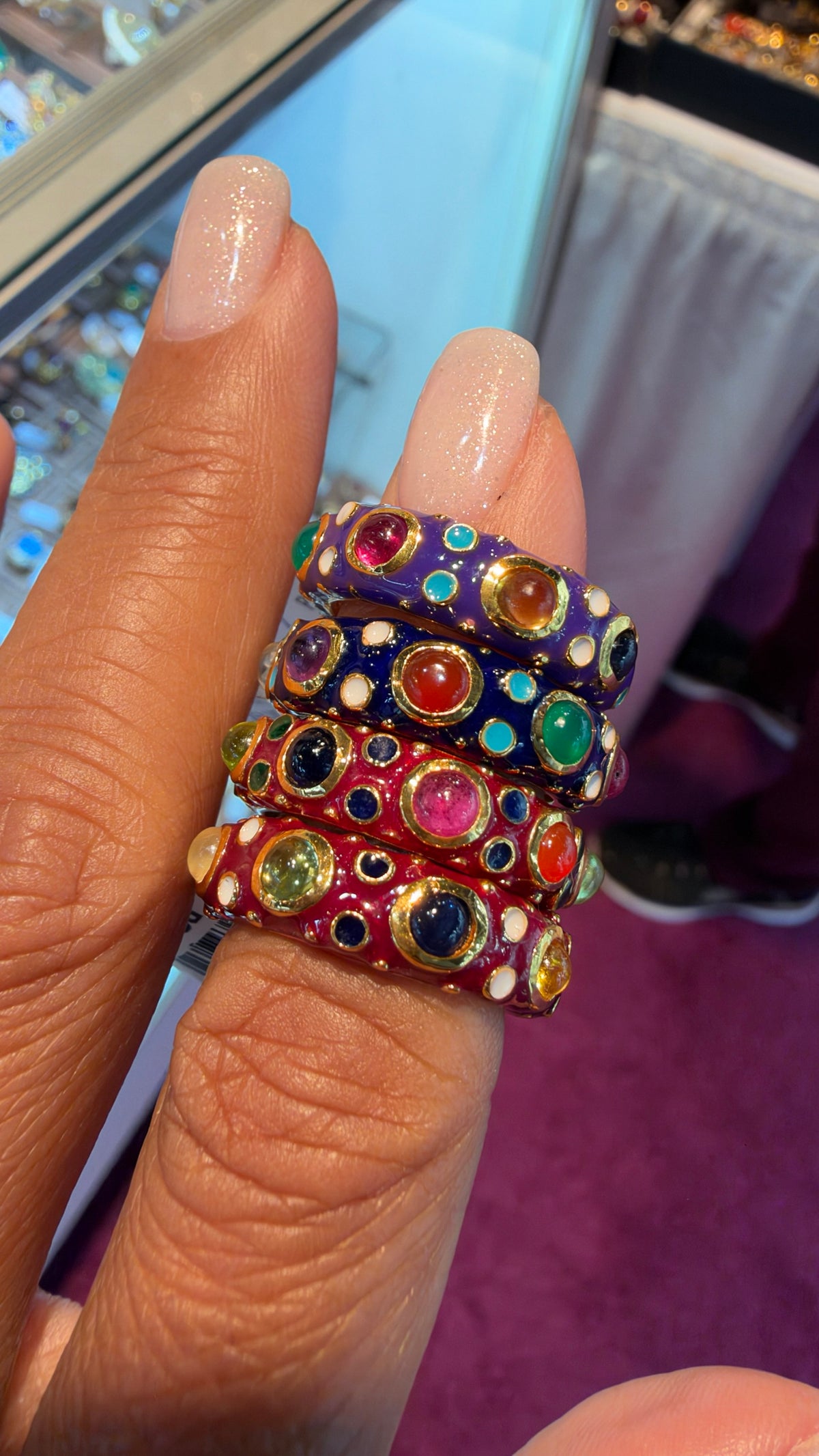 Gold micron enamel rings, size 6, in Purple, Navy Blue, Red, pink center, Red, blue center