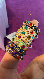 Gold micron enamel rings, size 7, in Navy Blue, orange center, White, green center, red dots, White, green center, turquoise dots, White, pink center, Mint Green, Navy Blue, pink center, Purple