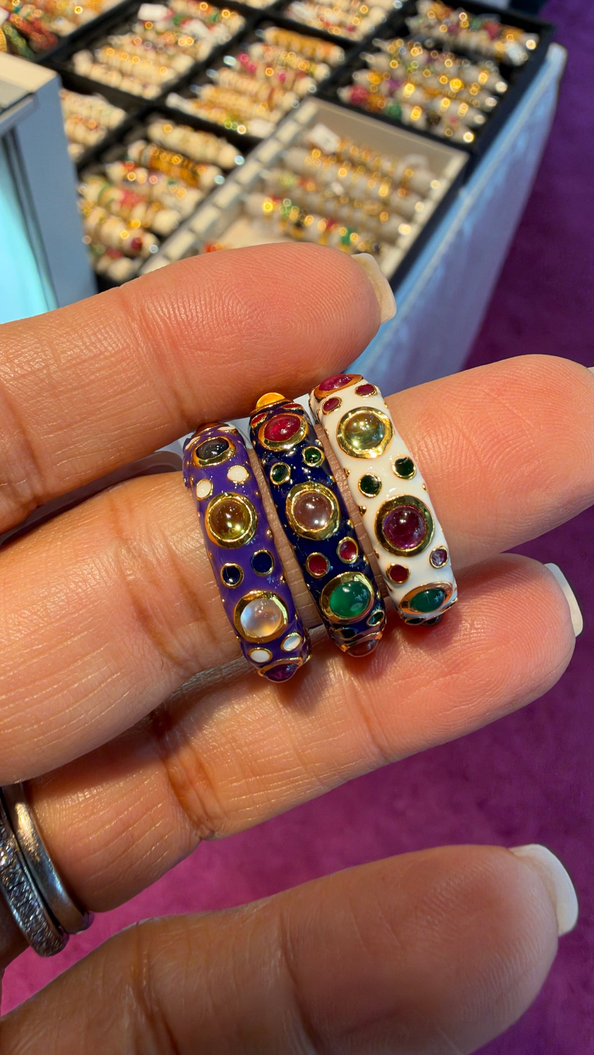 Gold micron enamel rings, size 8, in Purple, Navy Blue, White