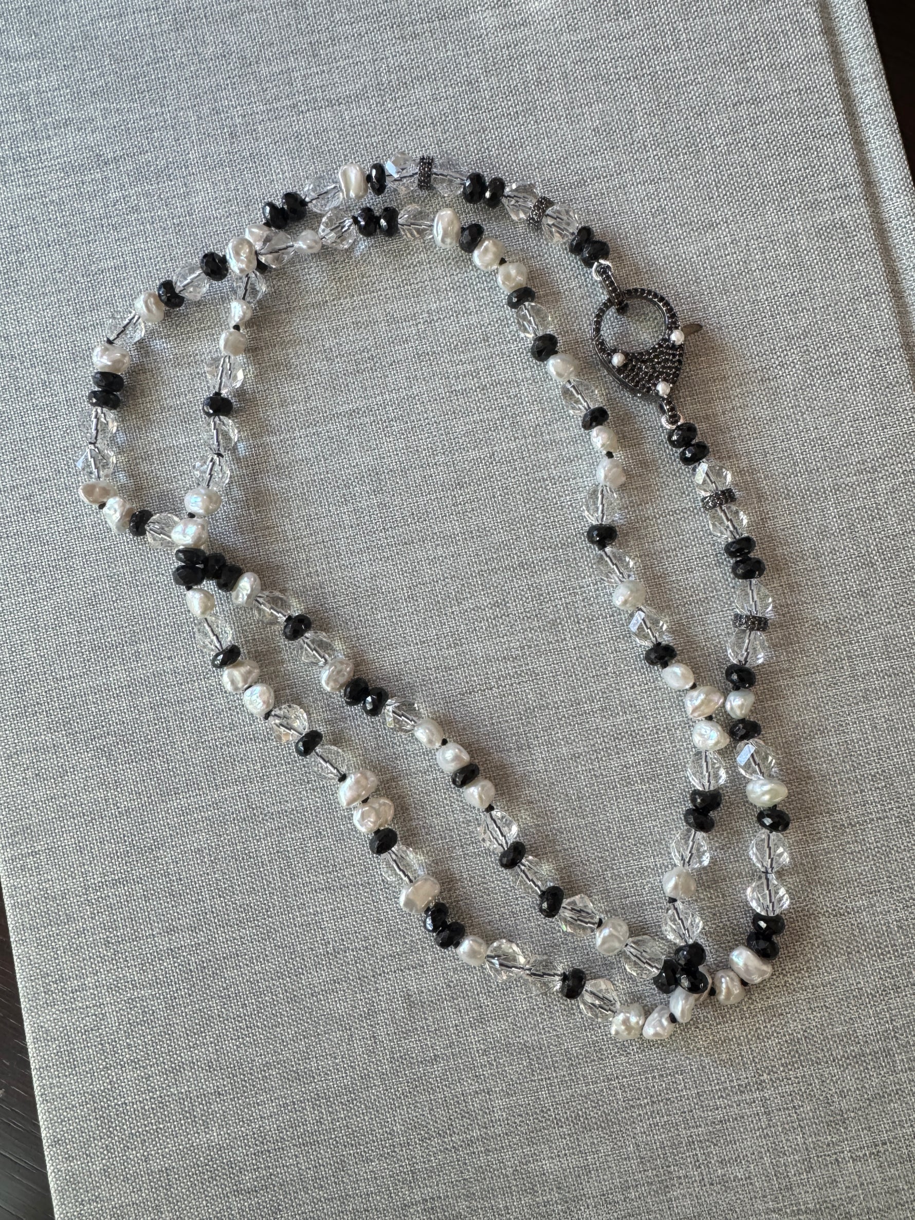 36" Herkimer Quartz, Keshi Black Pearls & Black Spinel Necklace with One-of-a-kind Black Spinel and Pearl Clasp | Ulka Rocks