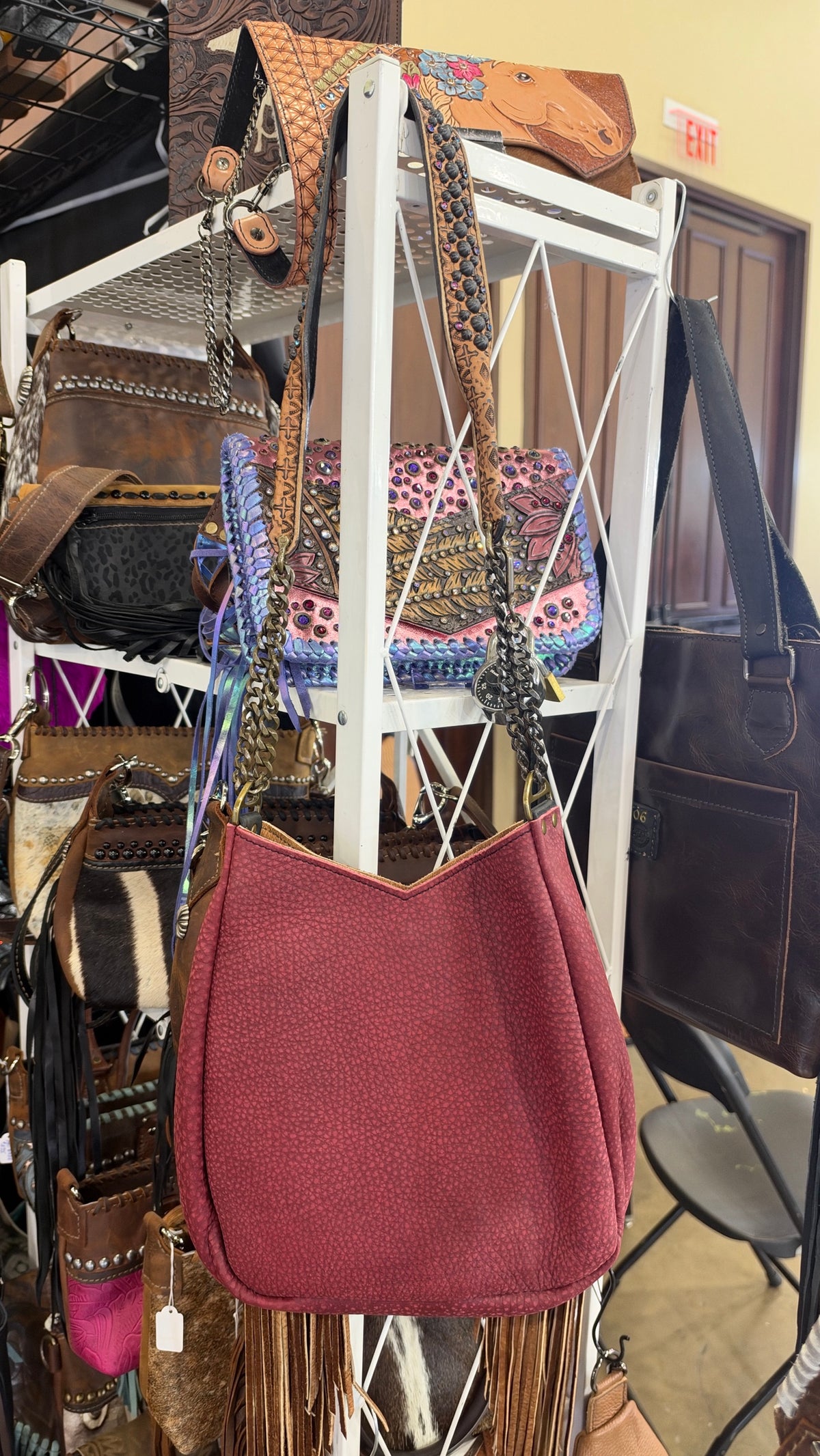 Heritage Brand Marilyn bag, red pebbled leather back with chain strap