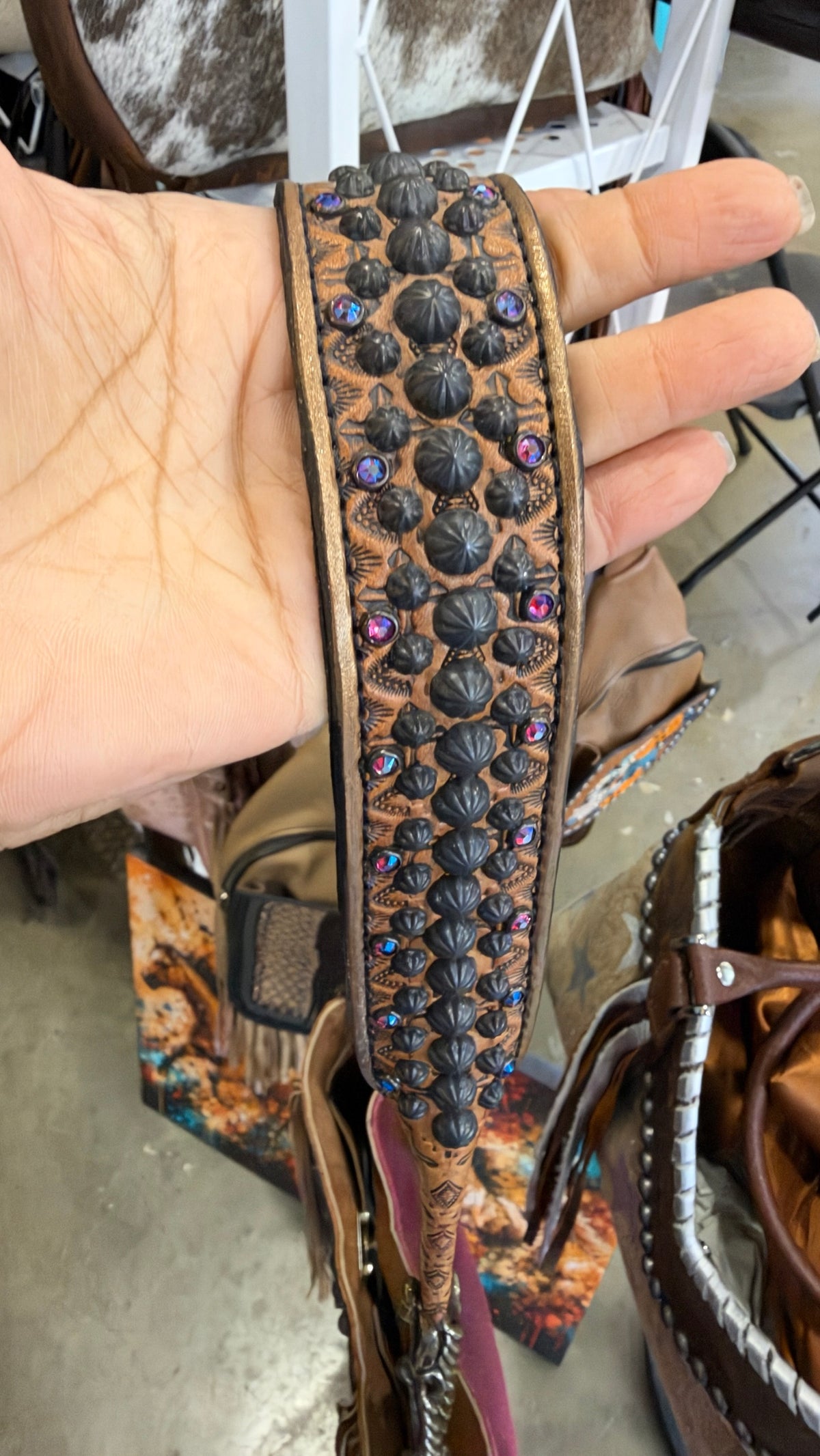 Heritage Brand Marilyn bag, black studded strap with pink and purple crystals