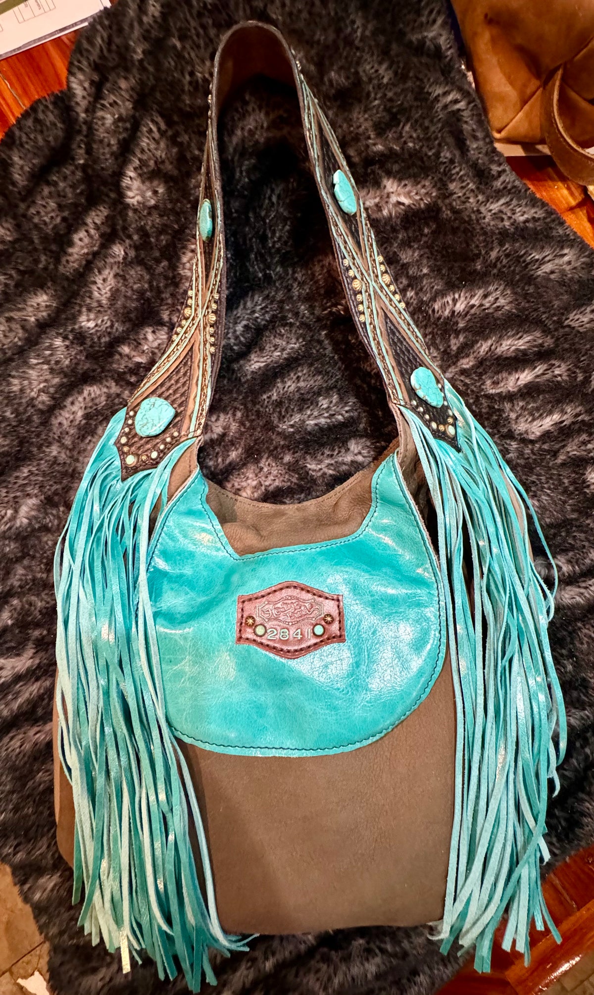 Heritage Brand Marilyn bag No. 2841, grizzly brown leather with turquoise stones and Capri turquoise fringe