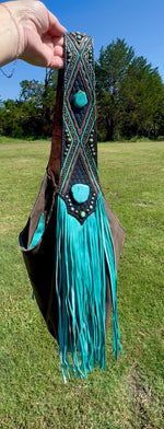 Heritage Brand Marilyn bag No. 2841, grizzly brown leather with turquoise stones and Capri turquoise fringe