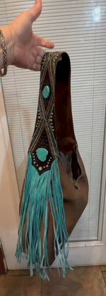 Heritage Brand Marilyn bag No. 2841, grizzly brown leather with turquoise stones and Capri turquoise fringe