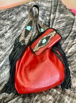 Heritage Brand bag and wallet set, Marilyn No. 3649 and Verily No. 465, rouge leather with hair-on-hide and black pockets, black fringe and turquoise stones