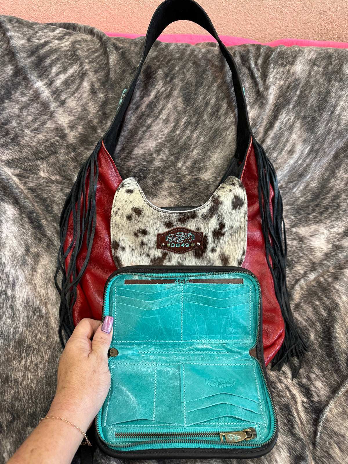 Heritage Brand bag and wallet set, Marilyn No. 3649 and Verily No. 465, rouge leather with hair-on-hide and black pockets, black fringe and turquoise stones
