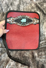 Heritage Brand bag and wallet set, Marilyn No. 3649 and Verily No. 465, rouge leather with hair-on-hide and black pockets, black fringe and turquoise stones