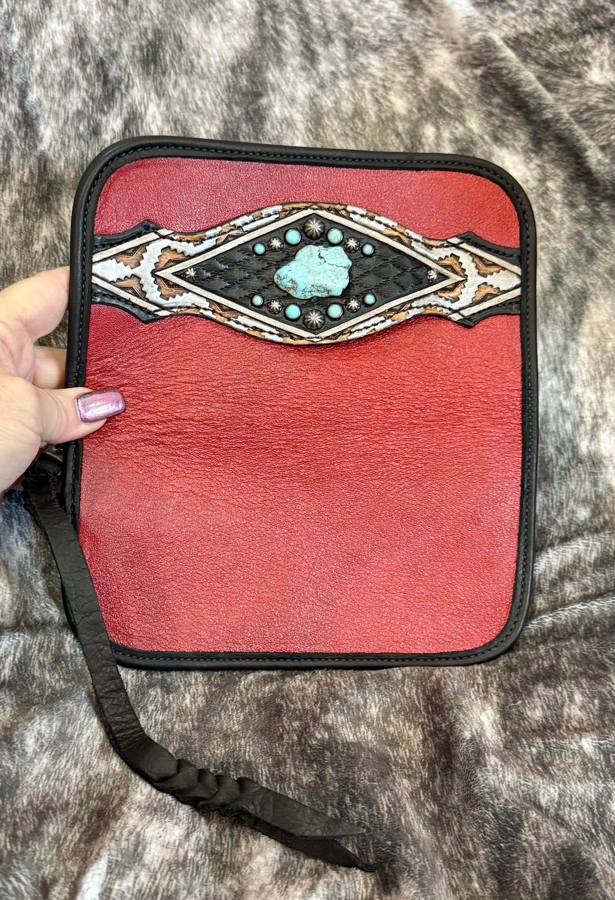 Heritage Brand bag and wallet set, Marilyn No. 3649 and Verily No. 465, rouge leather with hair-on-hide and black pockets, black fringe and turquoise stones