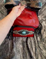 Heritage Brand bag and wallet set, Marilyn No. 3649 and Verily No. 465, rouge leather with hair-on-hide and black pockets, black fringe and turquoise stones
