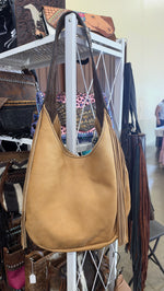 Heritage Brand Marilyn bag, camel leather hobo with camel fringe and tooled turquoise wool strap