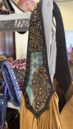 Heritage Brand Marilyn bag, strap detail with turquoise wool inset, tooled roses and crystals