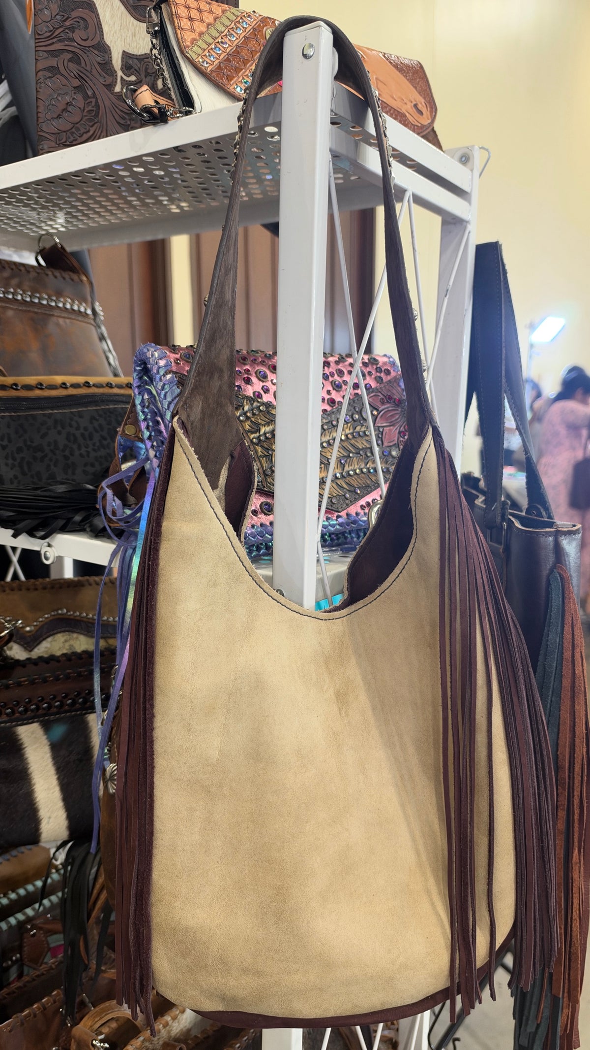 Heritage Brand Marilyn bag, sand suede hobo with chocolate fringe and tooled studded strap