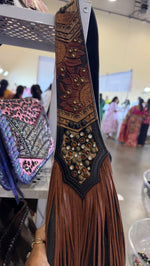 Heritage Brand Marilyn bag, strap with tooled sunflowers, black studs and crystal hair-on-hide inset