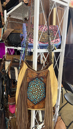 Heritage Brand Marilyn bag No. 897, tooled sunflower front with turquoise stone shield and tan fringe