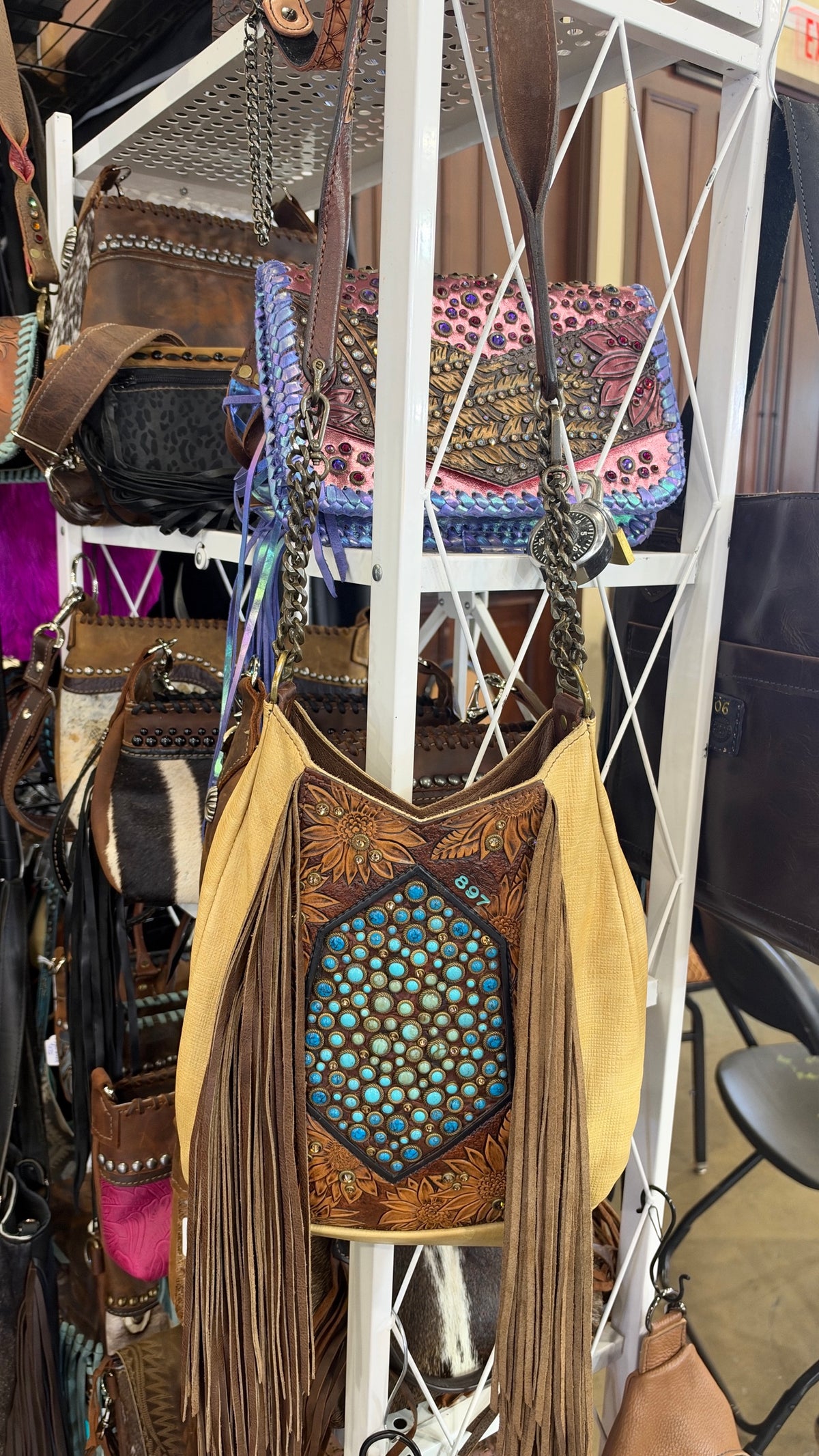 Heritage Brand Marilyn bag No. 897, tooled sunflower front with turquoise stone shield and tan fringe