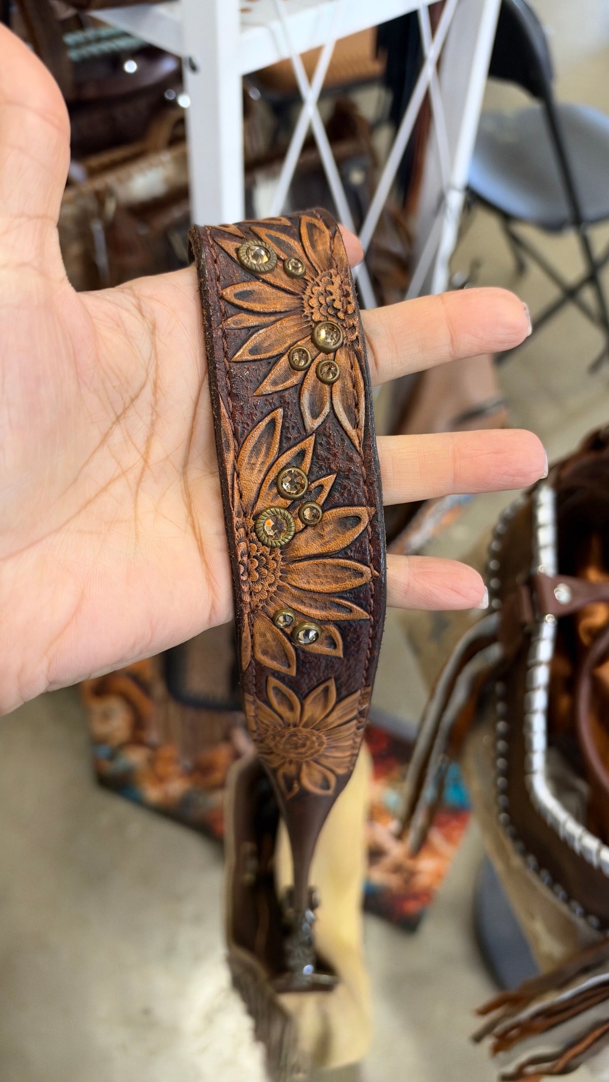 Heritage Brand Marilyn bag No. 897, tooled sunflower strap with crystals