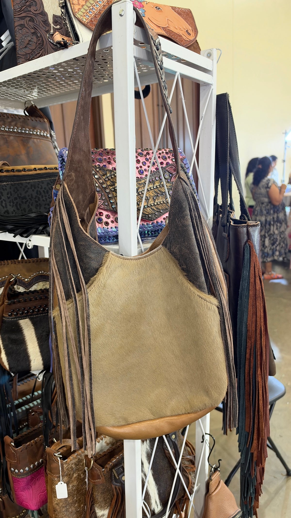 Heritage Brand Marilyn bag, tan hair-on-hide side with distressed brown corners