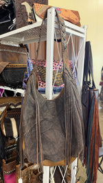 Heritage Brand Marilyn bag, distressed brown leather hobo with brown fringe and tooled chevron strap