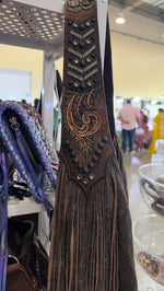 Heritage Brand Marilyn bag, strap with tooled feathers, silver chevrons, black studs and crystals