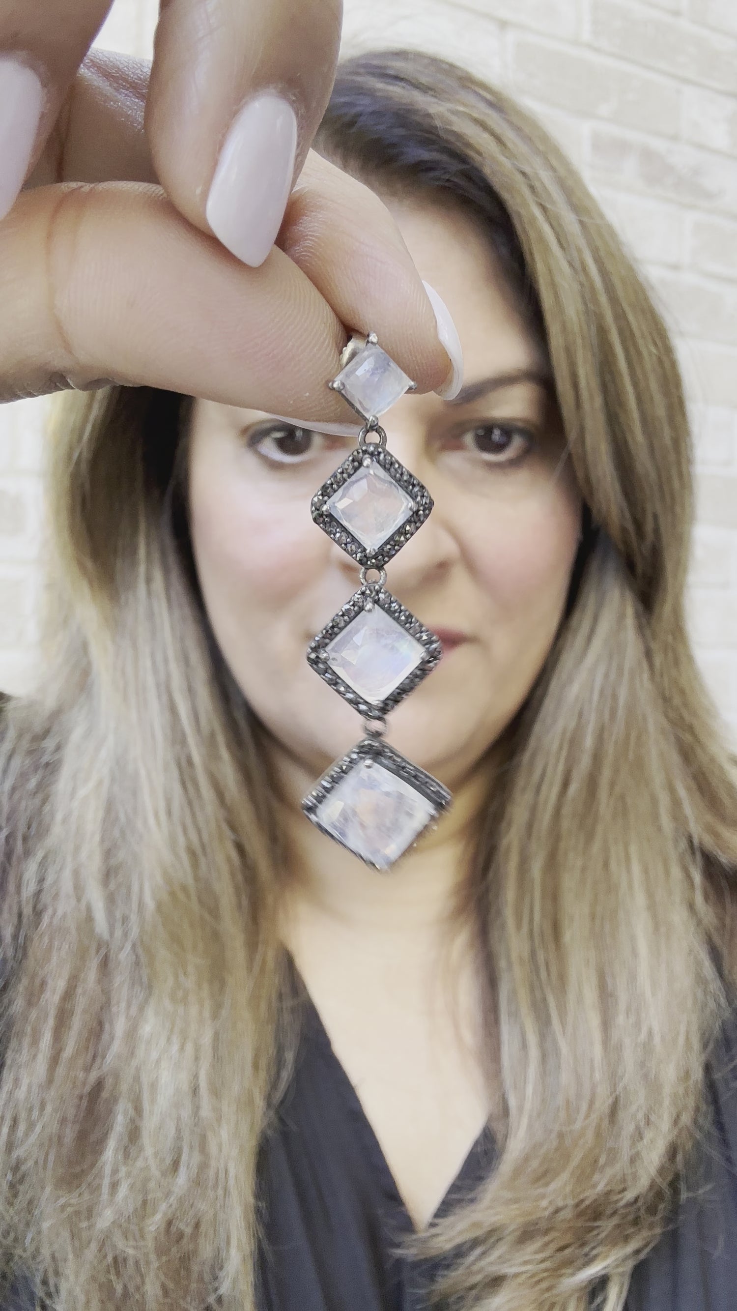 Rainbow Moonstone and Black Diamond Drop Earrings | Polished Daily Wear | Quiet Luxury