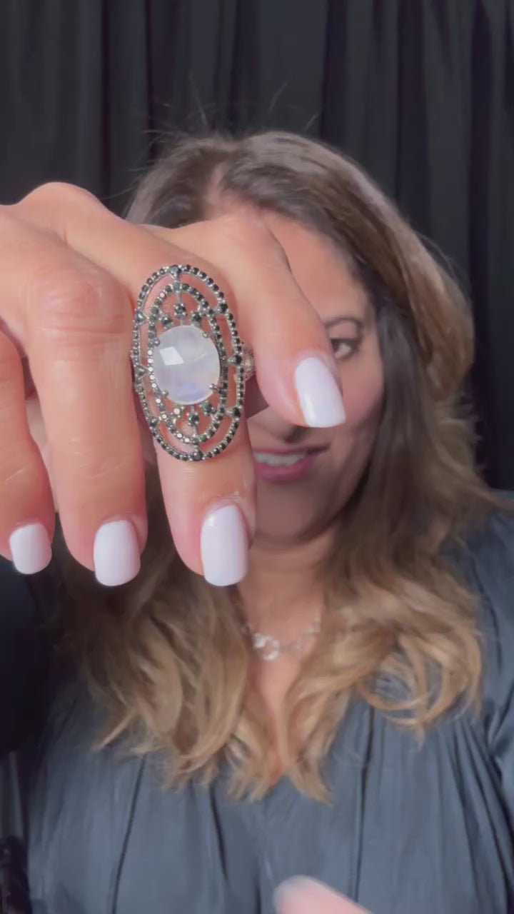 Moonstone and Black Spinel Ring | Zoom-Polished | Lunar Glow