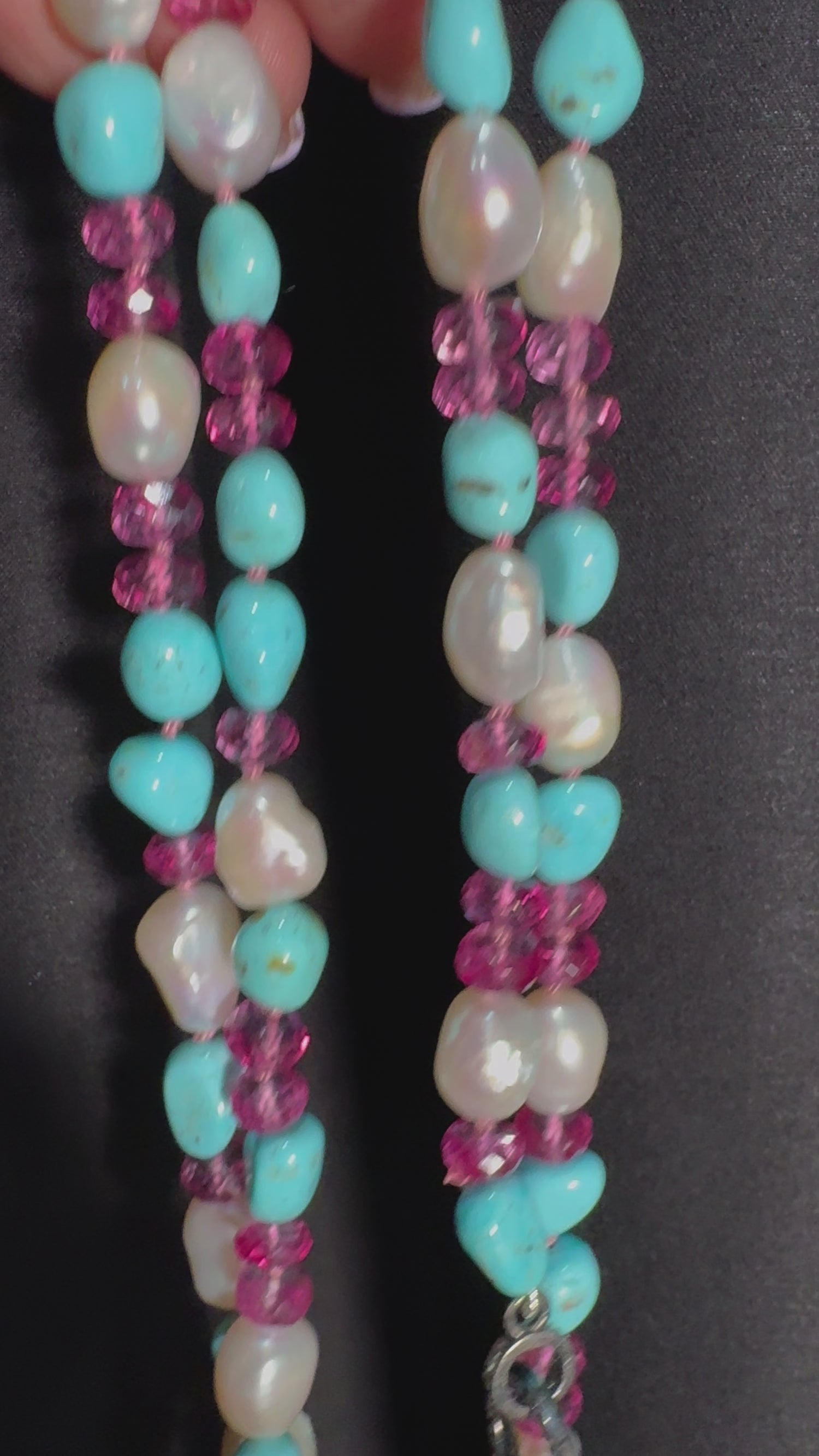 36” Sonoran Turquoise, Pink Topaz & Pearl Necklace with Diamond Pavé Silver Clasp