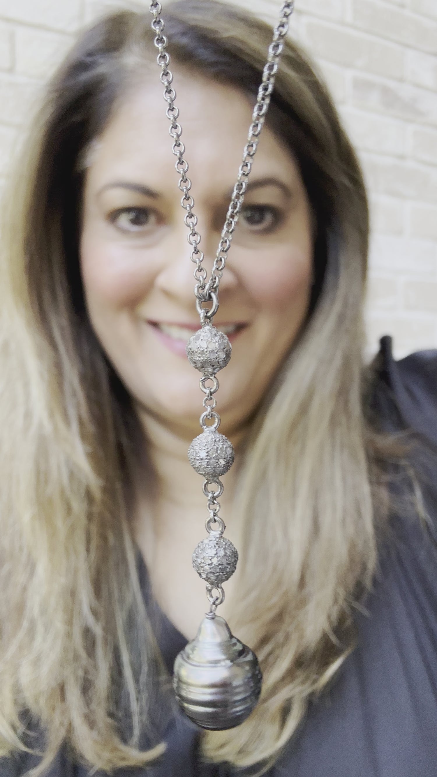 Tahitian Pearl and Diamond 3" Drop Necklace