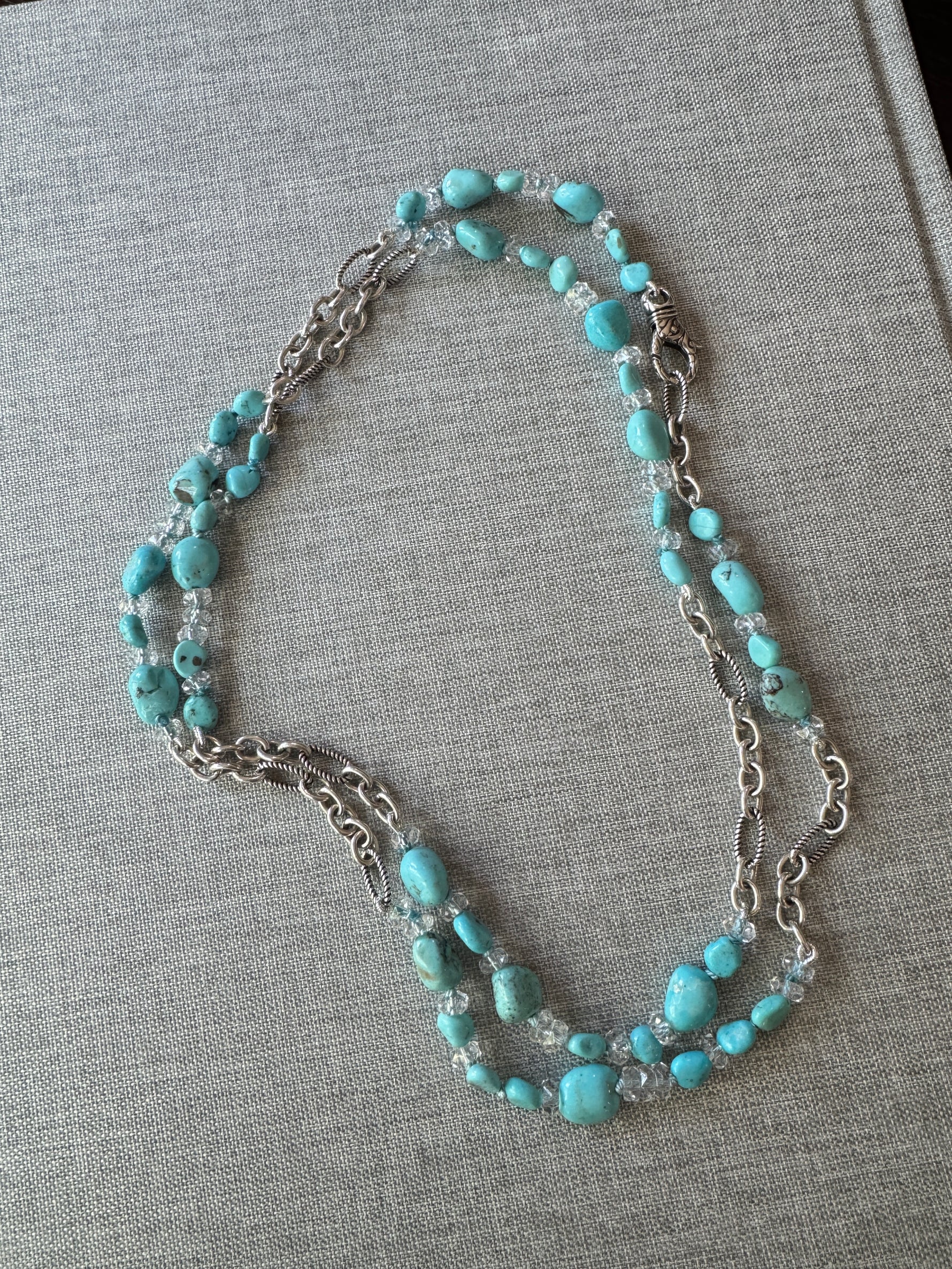 36" Sonoran Green Turquoise & Herkimer Diamond Necklace with Unique Sterling Silver Chain and Clasp | Ulka Rocks