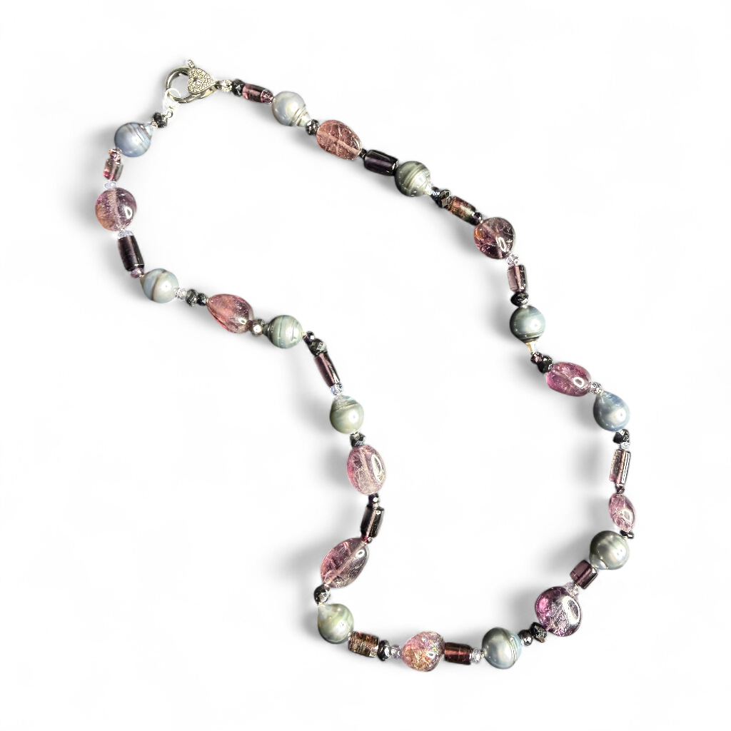 18" Multi-color Green Spinel & Tahitian Pearl Necklace, Sterling Silver Pavé Diamond Clasp | Ulka Rocks
