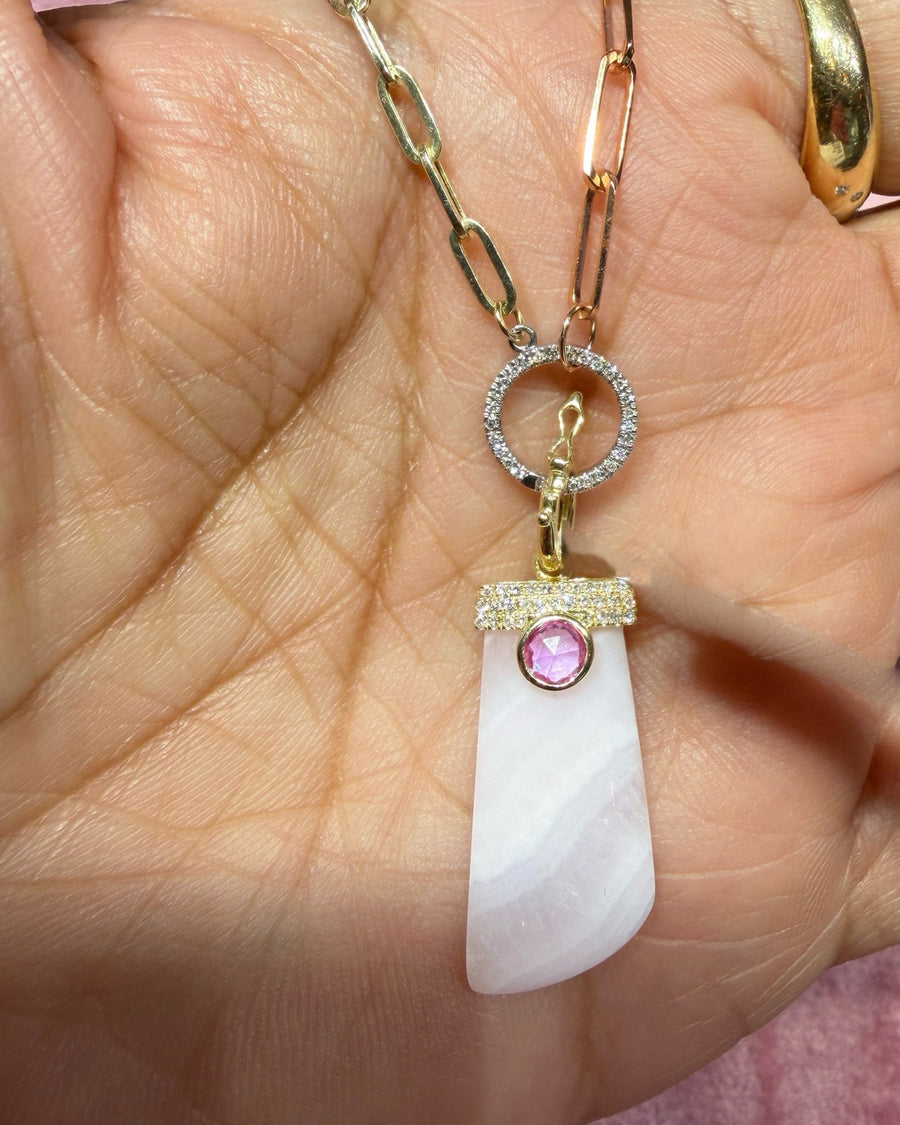 Pink opal and pink sapphire with diamond pavé, on a 14k gold paperclip chain