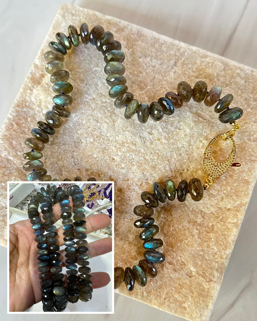 Faceted labradorite strands from the show, knotted and finished with a pave clasp