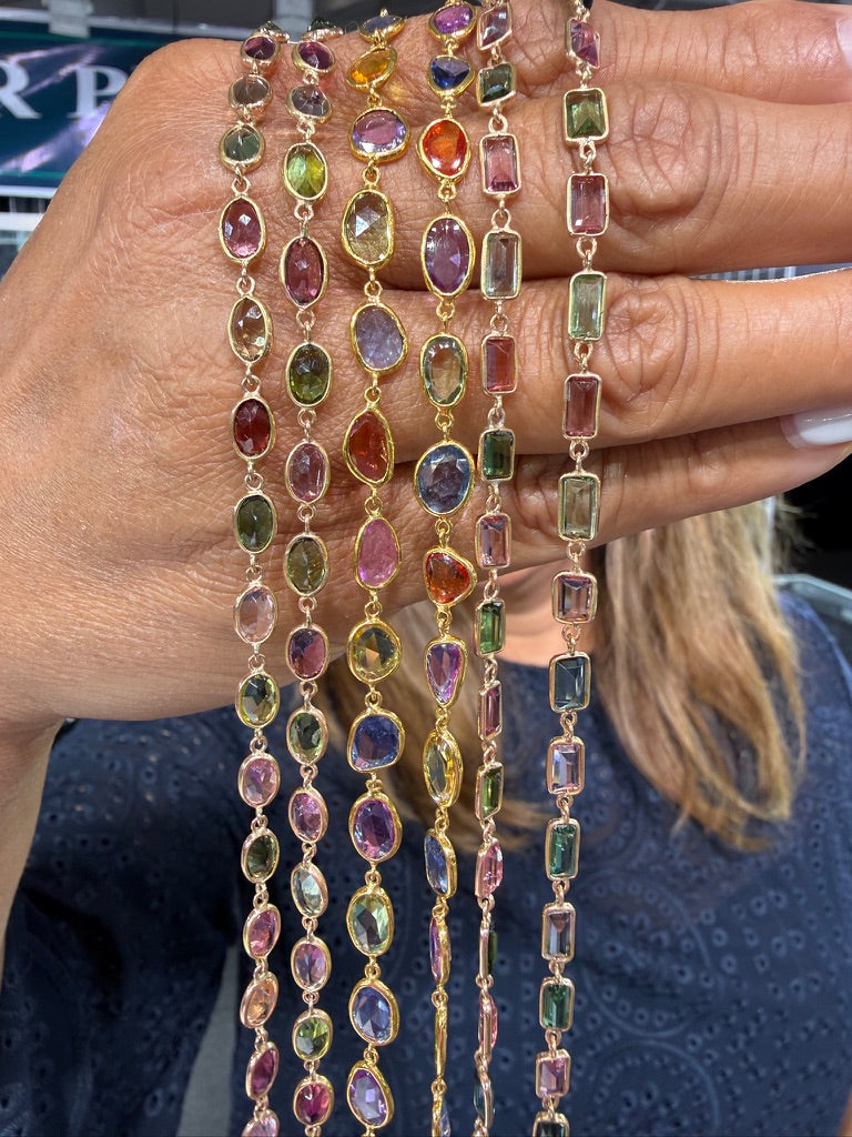 14k gold tourmaline and sapphire bezel chains