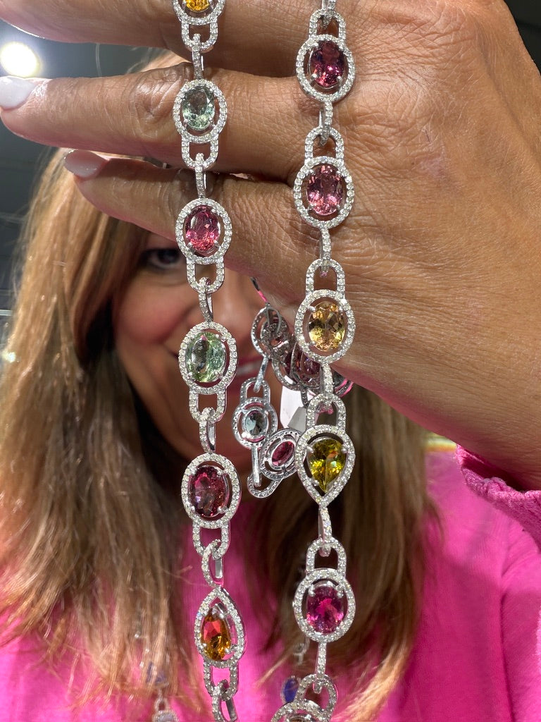 Sterling silver tourmaline and diamond link necklace