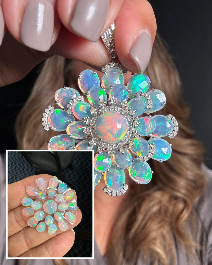 Twenty-one loose opals picked one by one in Tucson, set as a flower