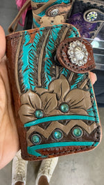 Heritage Brand wallet, turquoise feathers and tan flowers