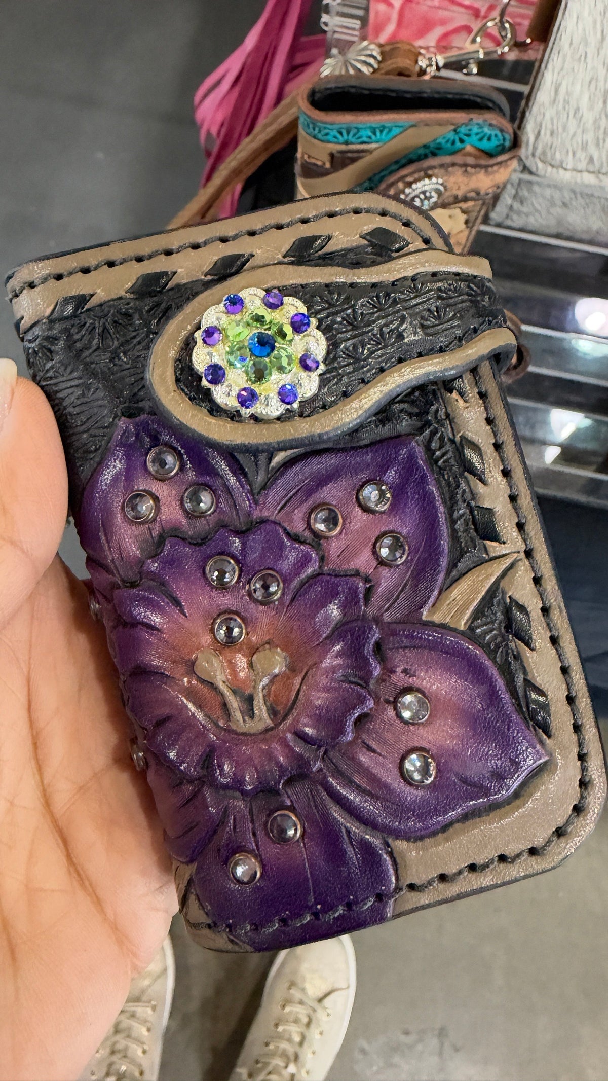 Heritage Brand wallet, purple tooled flower with crystal concho