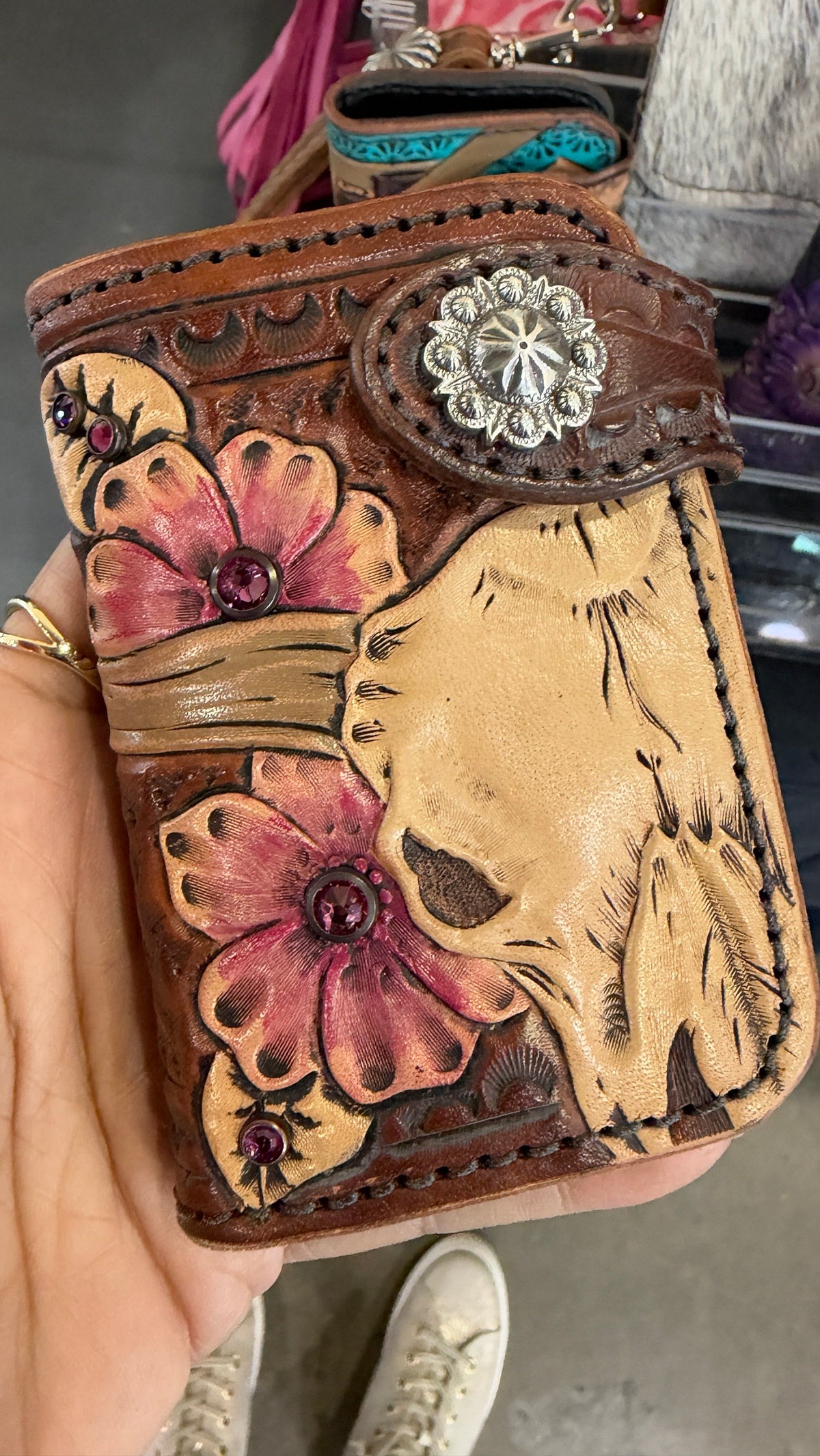 Heritage Brand wallet, pink flowers and tooled steer skull