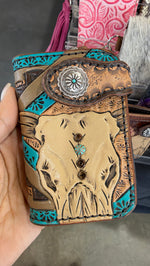 Heritage Brand wallet, tooled steer skull with turquoise trim