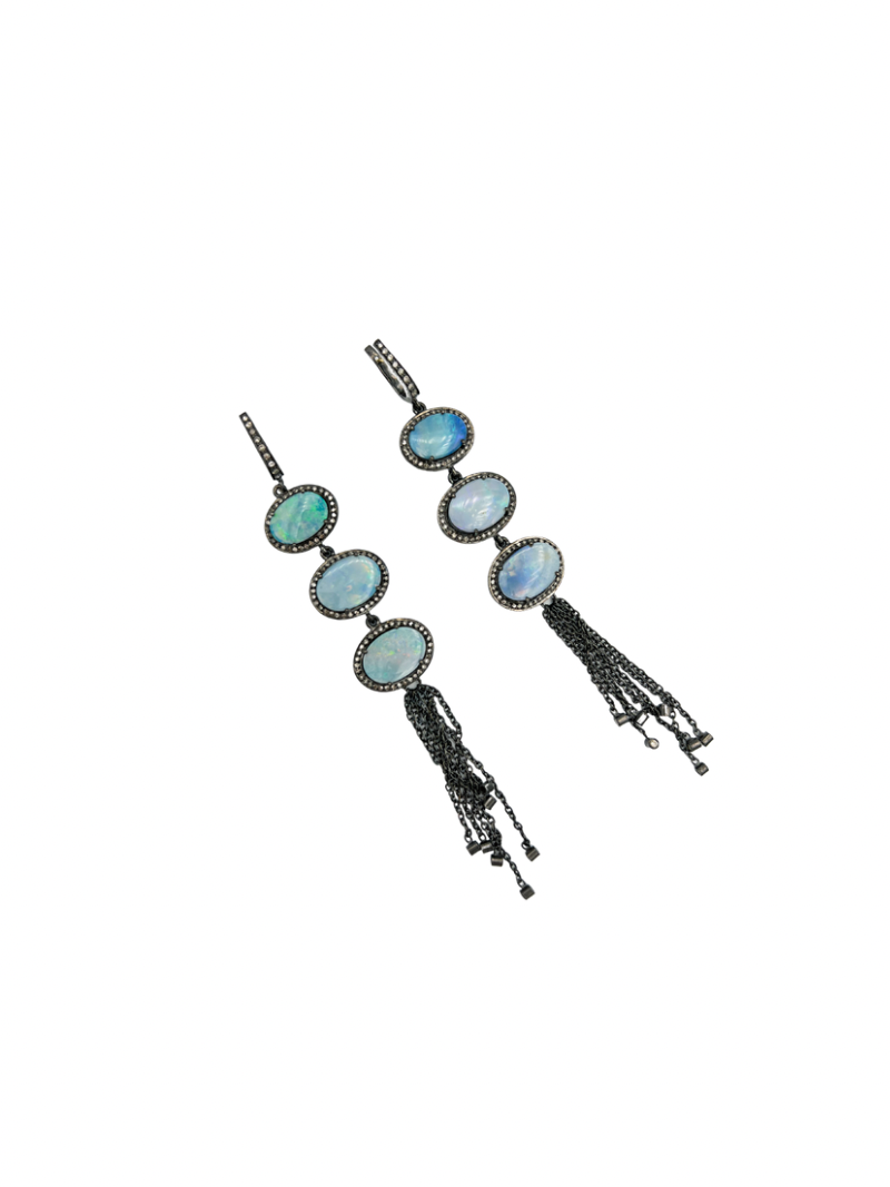 Australian Blue Opal Diamond Bezel Earrings | Ulka Rocks