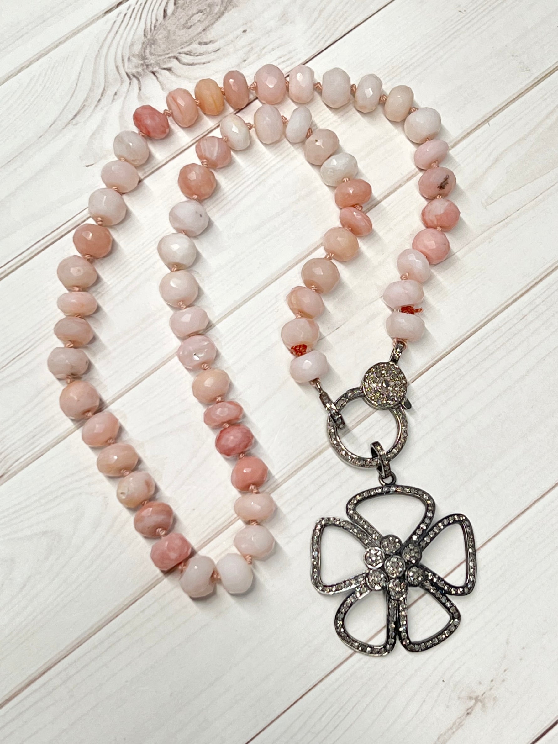 Pink Pink Opal Necklace and Pave Diamond Sterling Silver Flower Pendant | Ulka Rocks