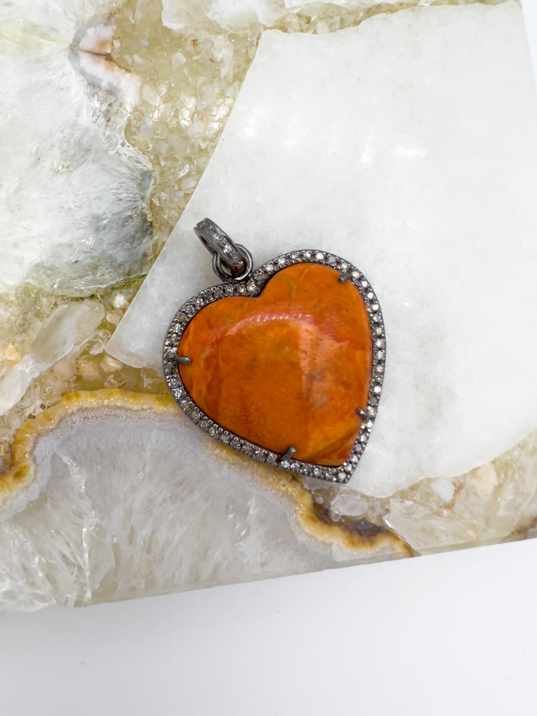 Orange Coral Heart Diamond Pendant | Ulka Rocks