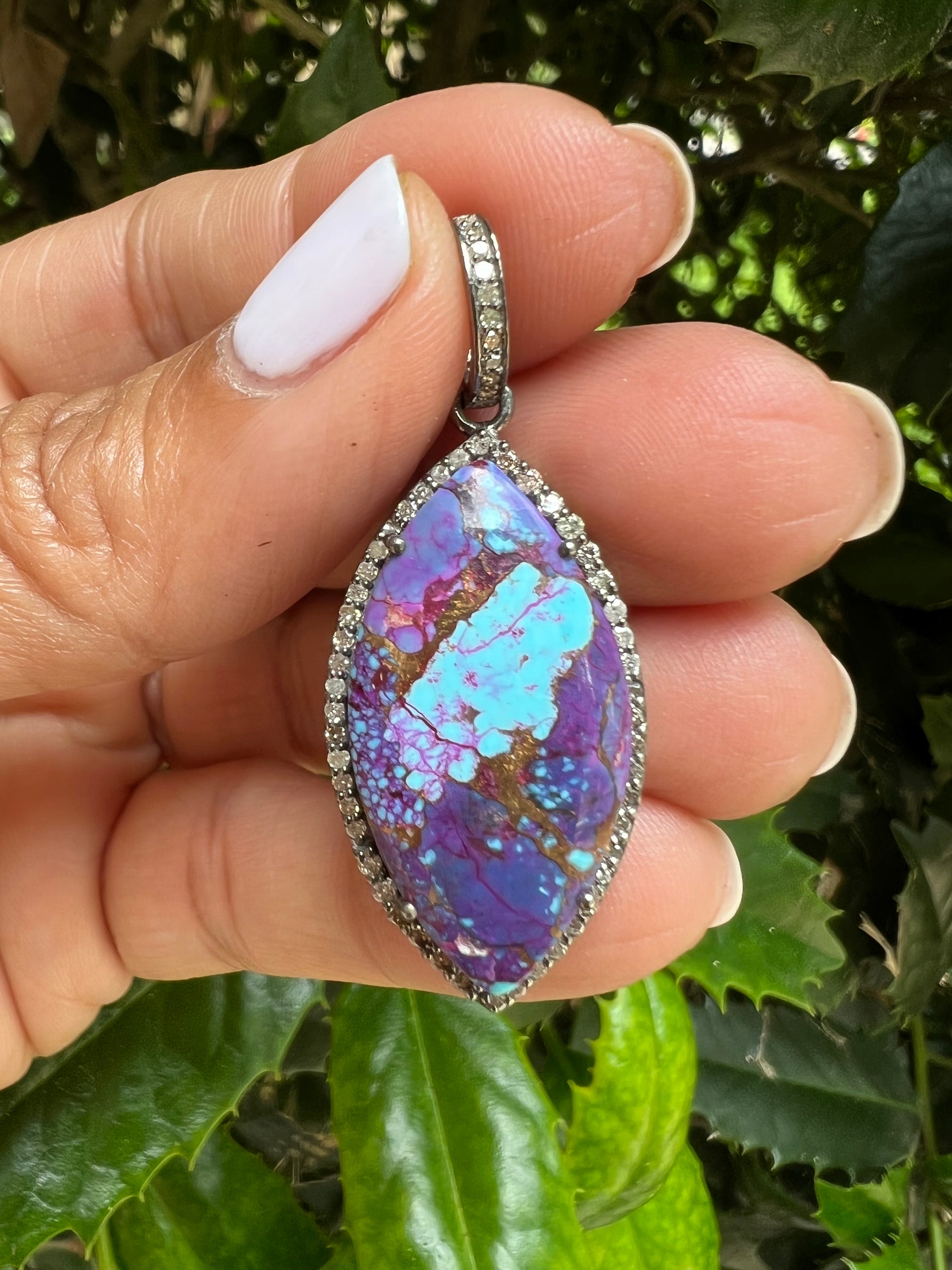 Diamond and Turquoise jewelry alternate angle showing natural stone variation