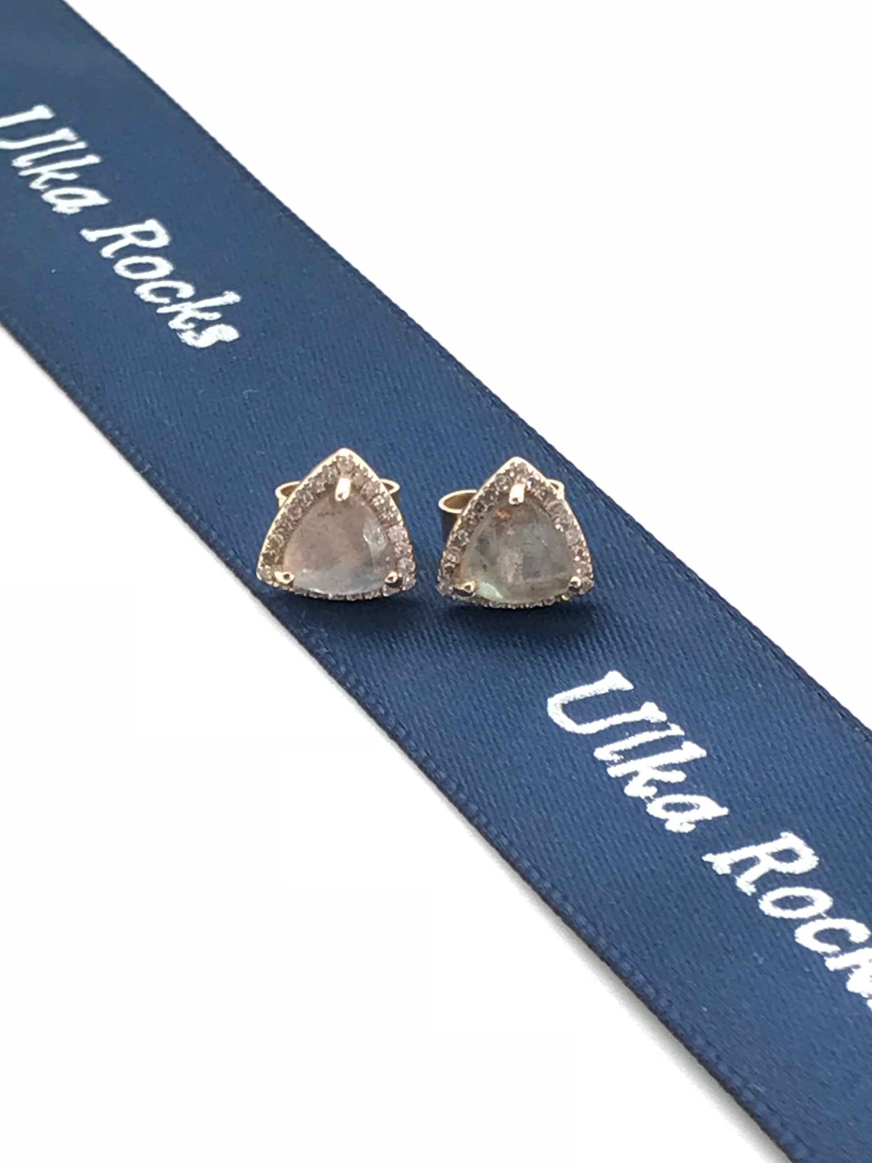 Diamond Green Labradorite Triangle Stud Earrings in 14K Gold | Ulka Rocks