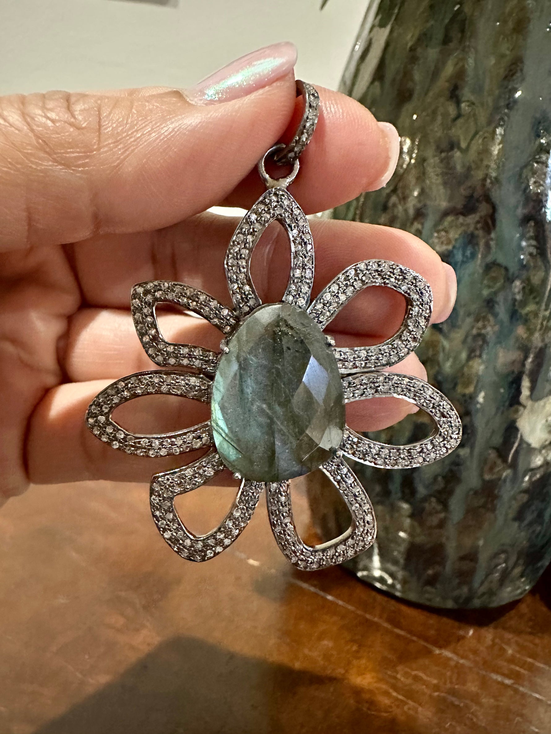Green Labradorite Diamond Flower Pendant | Ulka Rocks
