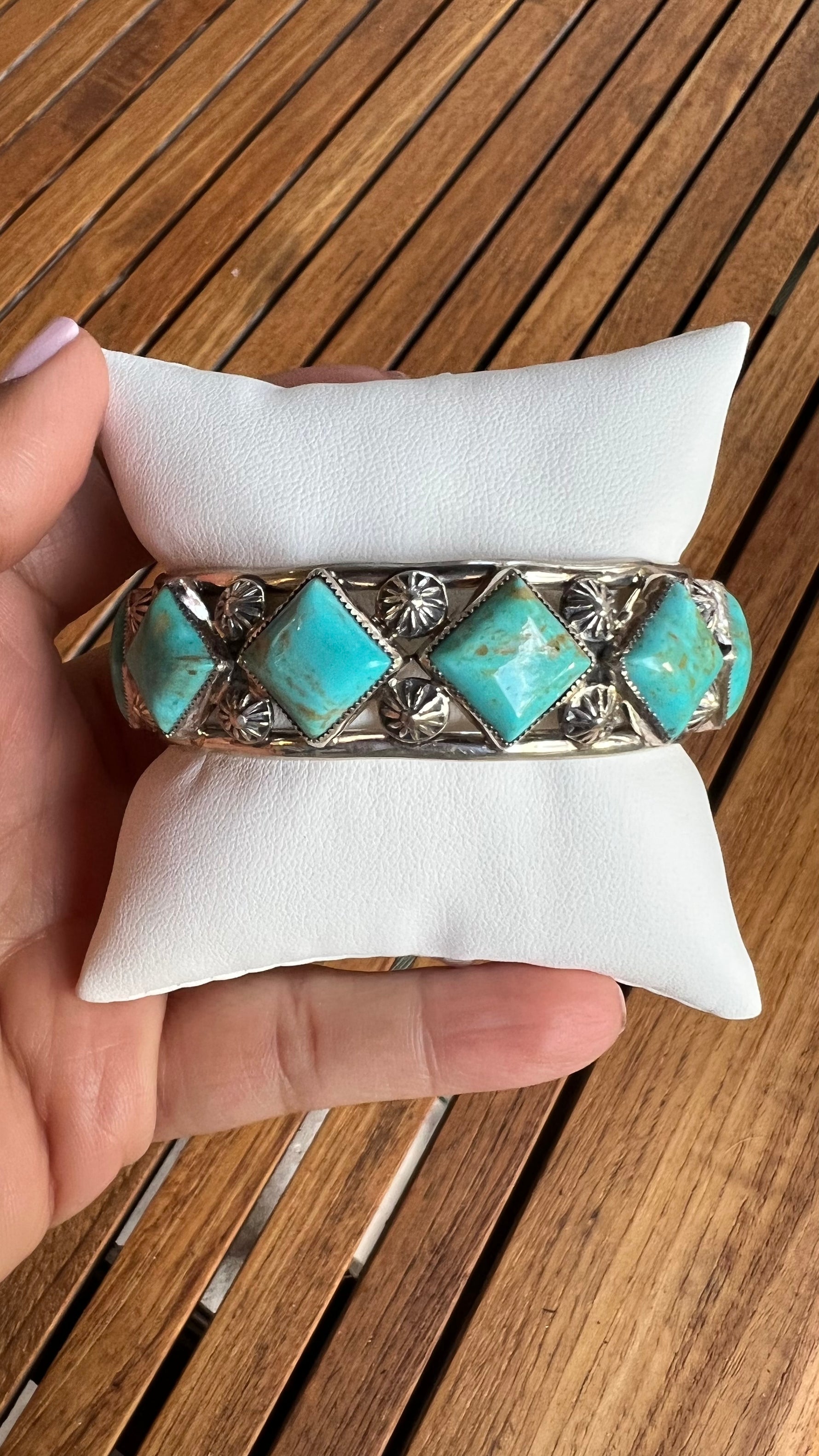 Turquoise bracelet alternate angle showing natural stone variation