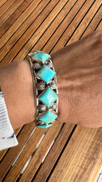 Turquoise bracelet styled for wear showing scale and drape
