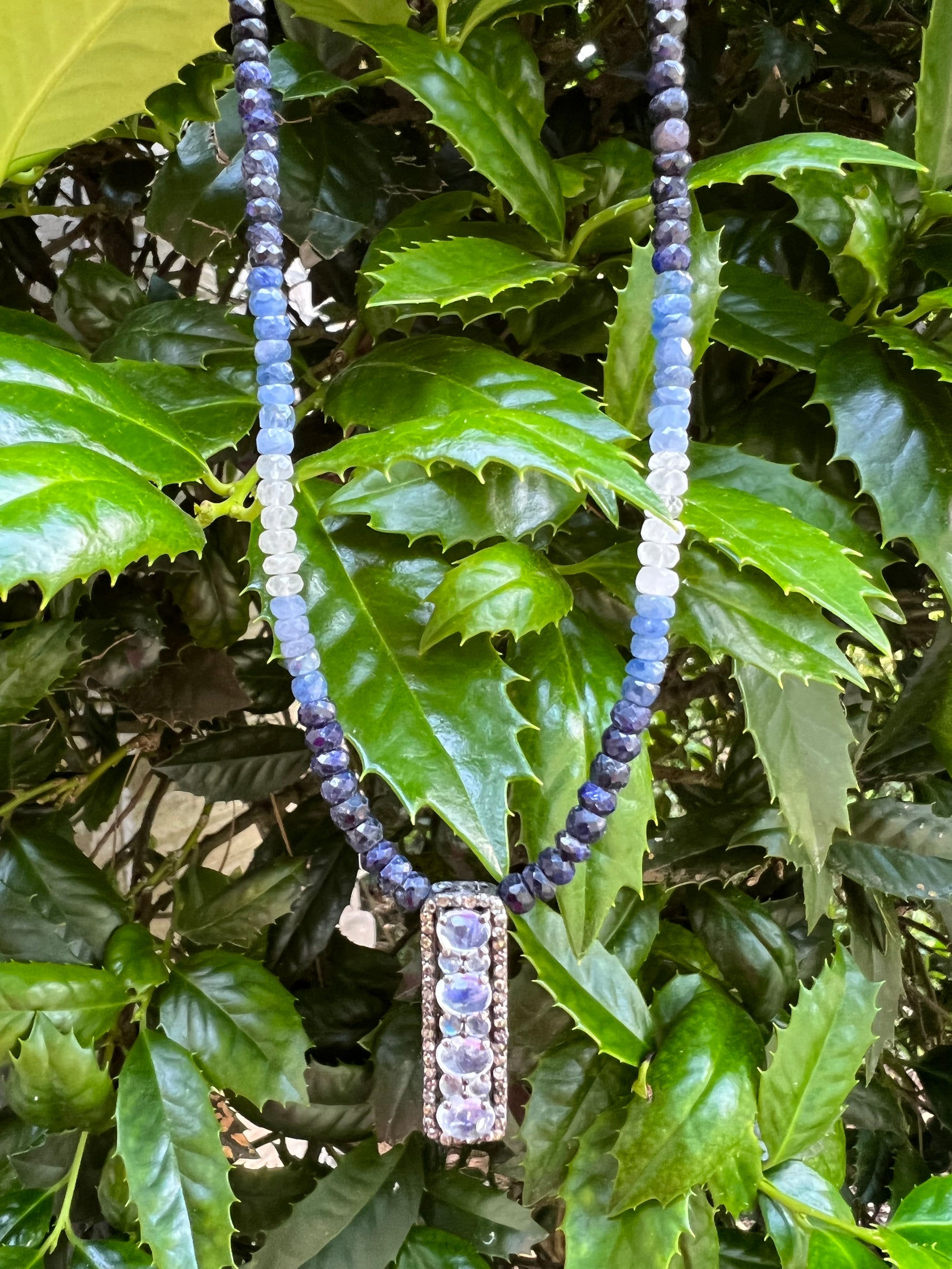 Ombré Sapphire Necklace with Blue Moonstone and Diamond Bar | Ulka Rocks