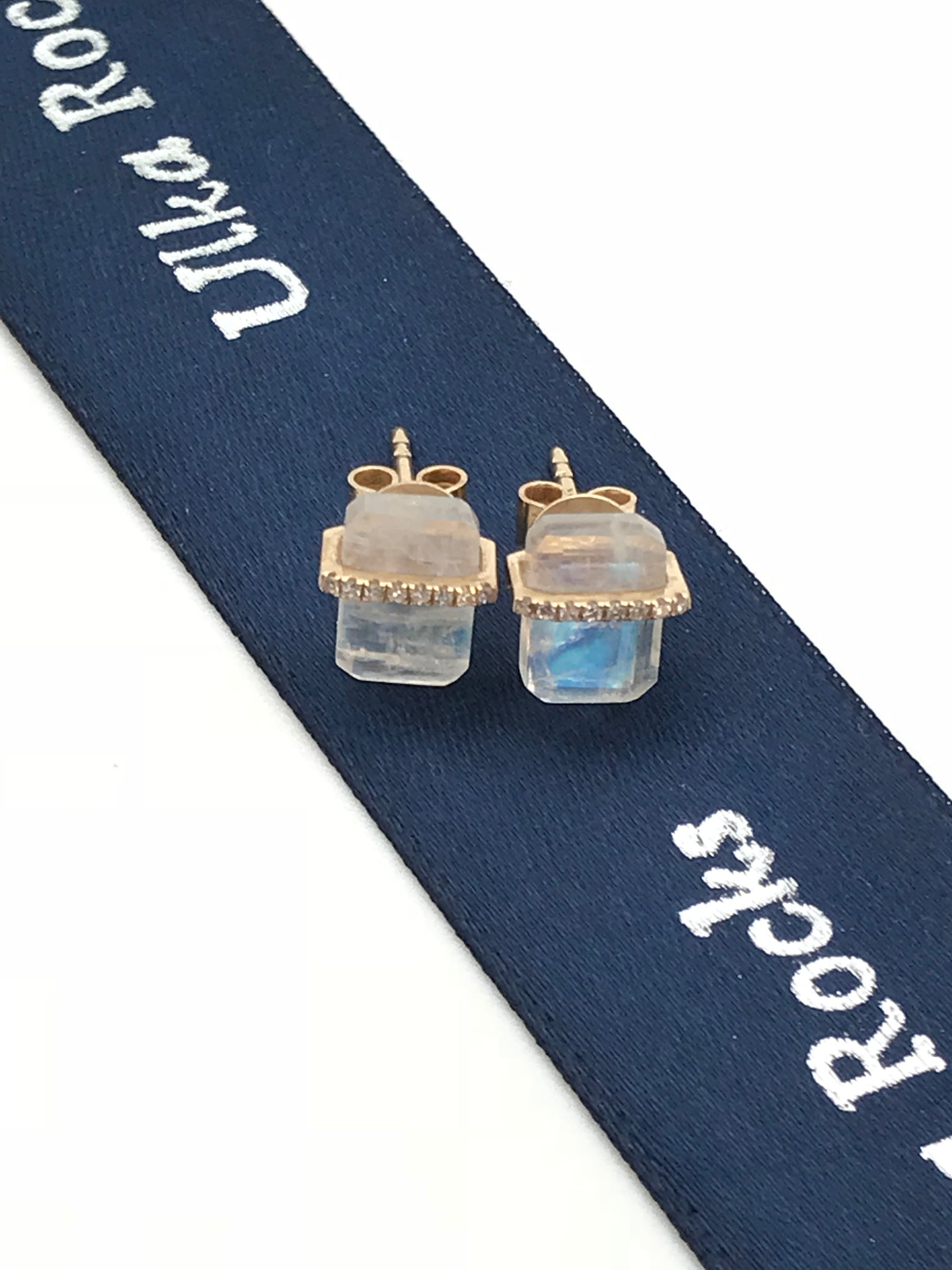 Diamond Bar Gray Moonstone Stud Earrings in 14K Gold | Ulka Rocks