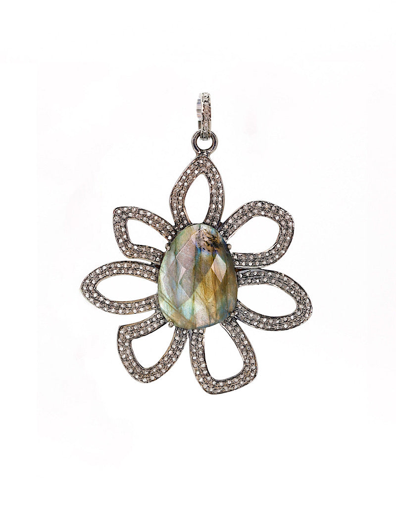 Green Labradorite Diamond Flower Pendant | Ulka Rocks